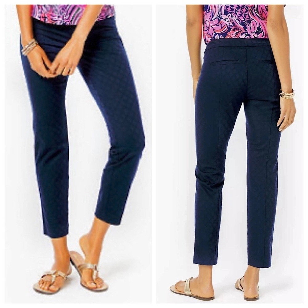Lilly Pulitzer Kelly Ankle Pants Women Sz 14 Navy Blue Jacquard Trousers